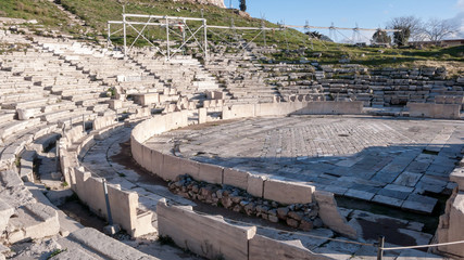 Panorama of ruins of the Theatre of Dionysus in Acropolis of Athens, Attica, Greece