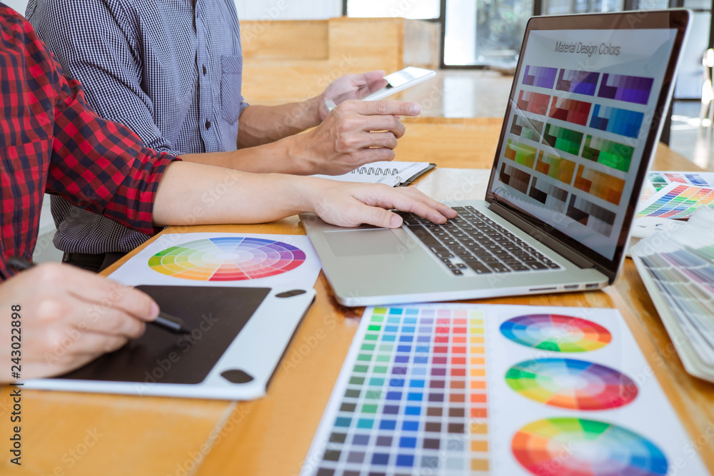 Poster team of creative graphic designer meeting working on new project, choose selection color and drawing