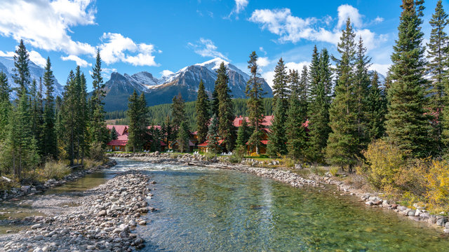 RUNNING CLEAR WATER STREAM IN PINE FOREST WITH HIGH ROCKY MOUNTAIN BACKGROUND IN BANF NATIONAL PARK  , ALBERTA , CANADA