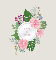Floral greeting card Save the Date. Flower frame over white background.