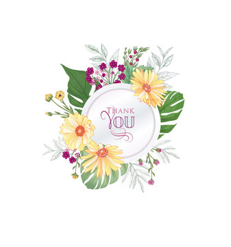 Floral greeting card. Flower frame over white background.