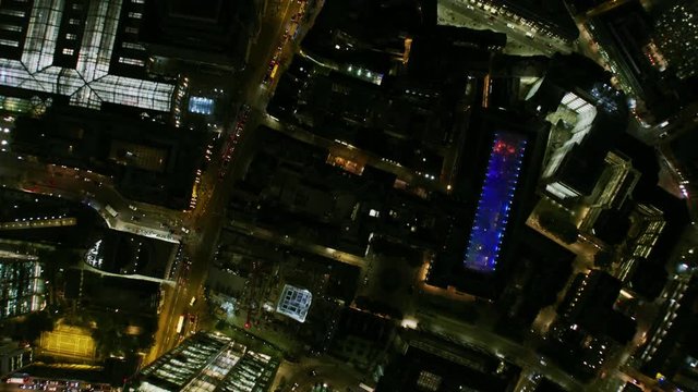 Aerial overhead view London street lights at night