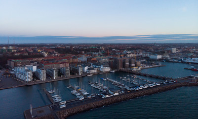 Norra Hamnen in Helsingborg, Sweden aerial view during sunset in winter.