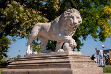 Fototapeta na wymiar Bronze sculpture of lion in the green summer park