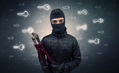Burglar standing with tools in his hand.