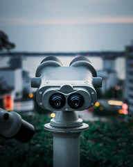Metal binoculars in Helsingborg looking towards Denmark on the other side of the sea. Viewing point. 