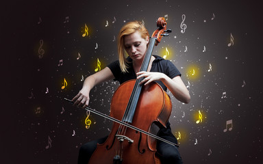 Fototapeta premium Young cellist with falling musical notes wallpaper and classical concept