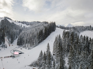 Aerial view of the ski slope in the mountains of Slovakia 