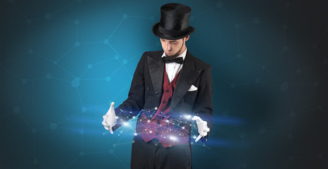 Magician with blue background and geometrical connection between two hands