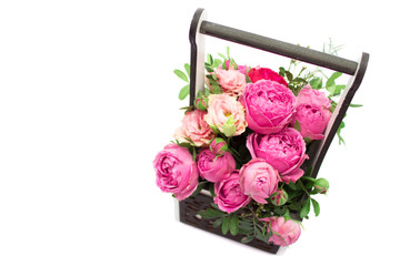 Bouquet of flowers in a box, Booker of roses for mother's day. Rose in a gift box. Flowers on March 8. Happy women's day. Bouquet for a birthday.