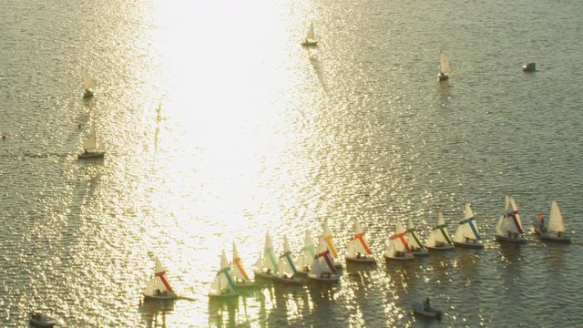 Aerial view sailing dinghy Charles river Boston USA