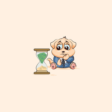dog cub in business suit sits at hourglass
