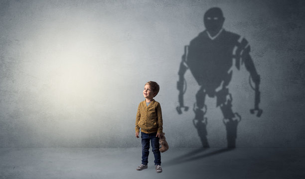 Little boy s self image appear as a big robotman shadow on his background
