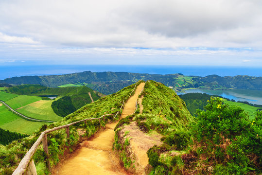Walking path and hiking trail leading to a view on the lakes of Sete Cidades, Azores, Portugal
