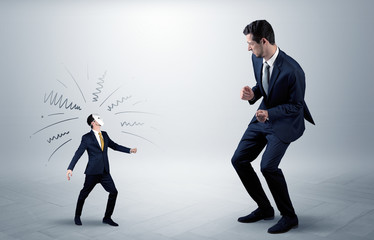 Fototapeta premium Conflict between small masked businessman and big elegant businessman 