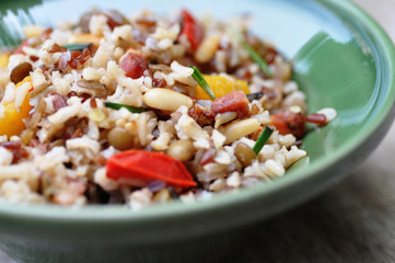 Wholegrain rice with beans and peppers on a plate