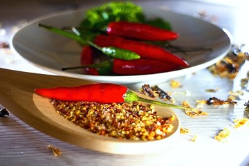 Red Thai chilli pappers as whole and as spicy.