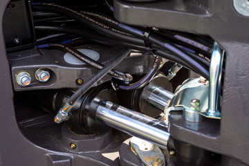 Close up of pipe system of hydraulic valves in agricultural machinery