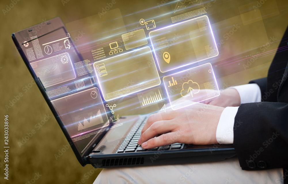 Poster hand using laptop with database reports and online work concept