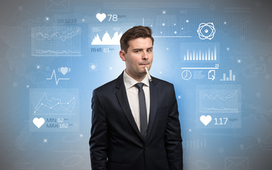 Young sick businessman with fever and medical research concept
