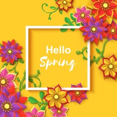 Paper cut flowers background with white frame. Origami concept, Vector card illustration. Backdrop with paper flowers and place for text, for wedding invitation, spring sale, romantic letter