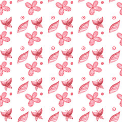 Seamless pattern of butterflies and flowers in pink in the style of abstraction 