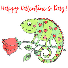 A colorful chameleon with hearts on the skin sits on a rose. Cartoon vector illustration for invitation and greeting card. Inscription Happy Valentines Day . © julimur