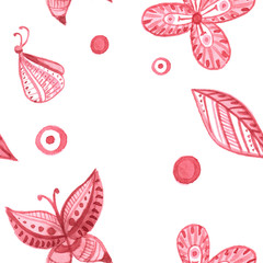 Seamless pattern of butterflies and flowers in pink in the style of abstraction 