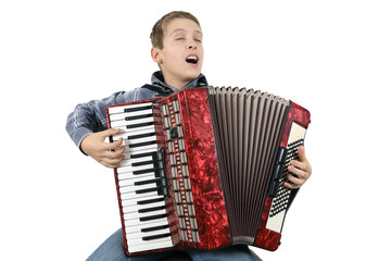 Young Accordionist Singing And Playing Harmonica Isolated On White Background