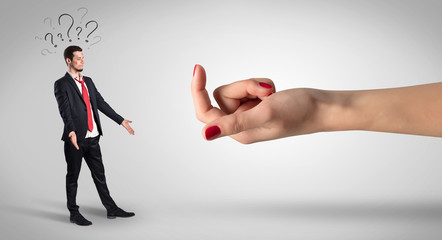 Businessman in an affair with kisses on his face and question concept
