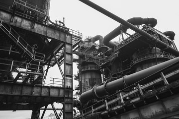 Industrial factory plant, valves of blast furnace, heavy steel manufacturing technology rusty old BW black white