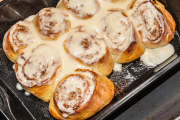 Frisch gebackene Zimtschnecken auf Backblech