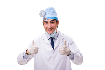 Young handsome doctor otolaryngologist isolated on white 