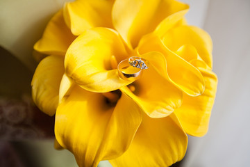 A pair of wedding rings on a bouquet of yellow flowers, close up shot