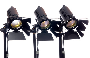 Floodlight with halogen lamp and Fresnel lens. Lighting equipment for shooting. Filming and...