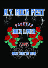 Rock Festival print, poster with texts and rose flowers, fashion print for t shirt and other uses. - 243037278