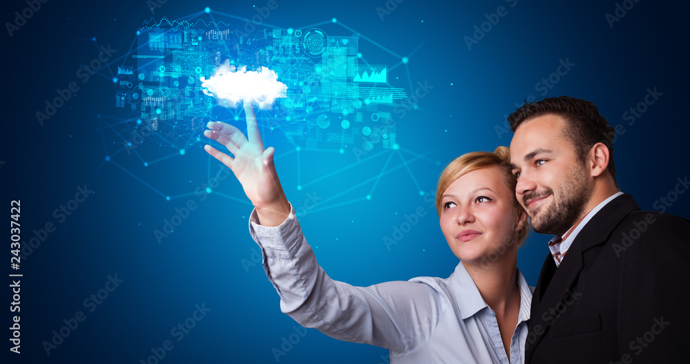 Poster Man and woman touching hologram projection displaying information from cloud based system
