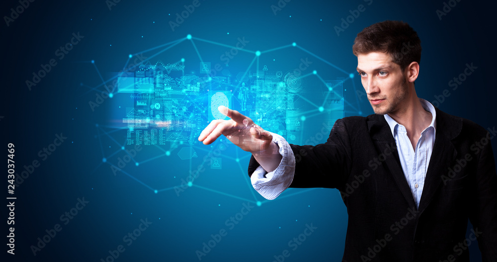 Aufkleber Man accessing modern hologram personal database with fingerprint identification