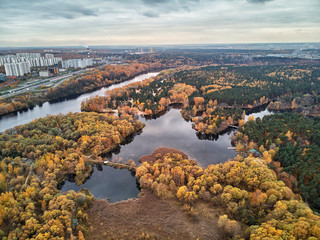 Sunrise over Bottomless Lake in Serebryanyy Bor Silver Pinewood is forest park in Khoroshevo-Mnevniki, Moscow, Russia.