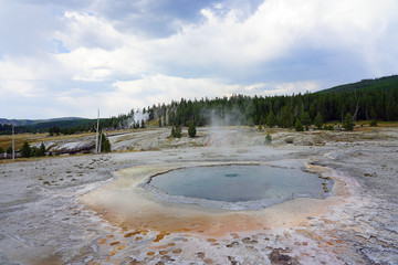 View of the Crested Pool in the Upper Geyser Basin in Yellowstone National Park, United States