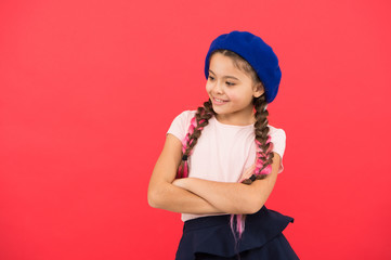 Happy little girl. small kid fashion. Childhood happiness. International childrens day. small girl child with perfect hair. french girl. parisian fashion. Autumn style