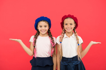 Childhood happiness. Friendship and sisterhood. small kid fashion. childrens day. Back to school. small girl children with perfect hair. Happy little sisters. Beauty and fashion. Just inspired
