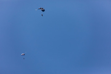 DUBAI, UNITED ARAB EMIRATES  Paragliders over Dubai marina in Dubai, United Arab Emirates