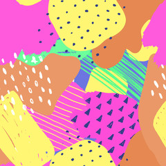 Fototapeta premium Vector Abstract Seamless Pattern. Concept art. Colorful Hand Drawn Elements, Paper Collage. Contemporary Art. Memphis Style. Summer Design.