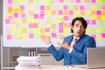 Young handsome employee with many conflicting priorities 