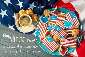 Homemade cookies in the shape of the American flag - Martin Luther King Day background  