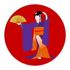 Japanese woman dressed in traditional kimono costume dancing with a fan on background with nationl country flag