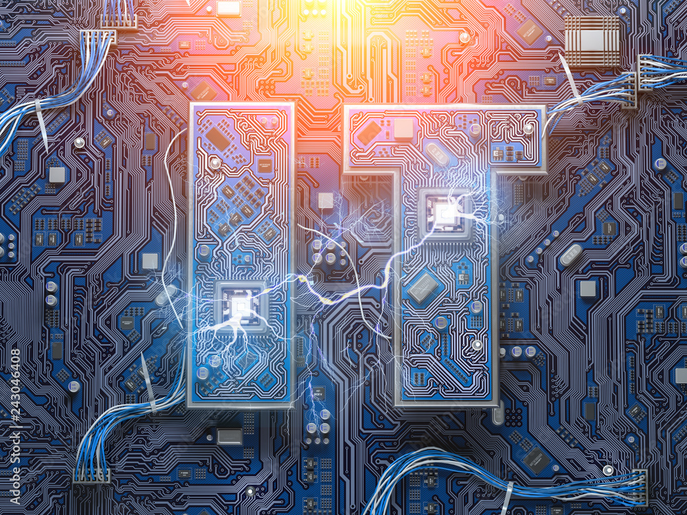 Poster Information Technology IT text in form of computer chips with CPU.