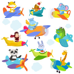 Set of funny cartoon planes with cute pilots.