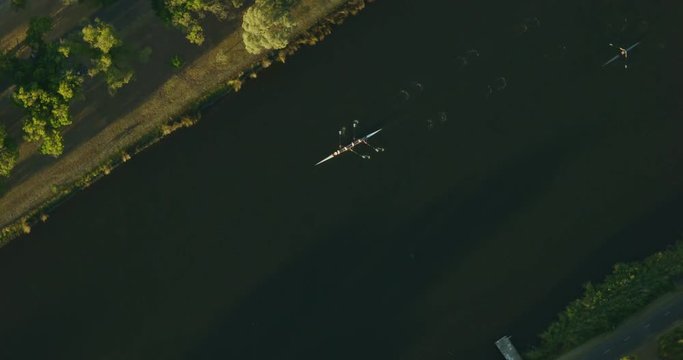 Aerial view Yarra River rowing at sunset Melbourne